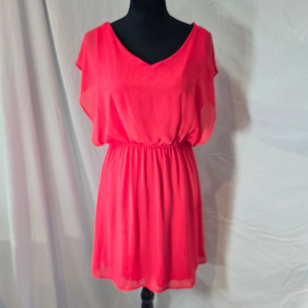 Buttons Coral Pink Chiffon Open Back Mini Dress Womens Medium V-Neck